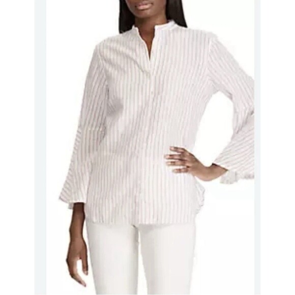 Chaps Red White Striped Linen Blend Bell Sleeve Button Up Blouse Top Plus XXL - Picture 1 of 12
